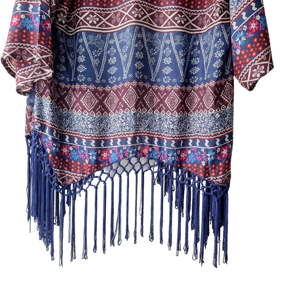 Hollister XS VTG Multi-Color‎ Print Kimono Cover-Up Blue Fringe Hem - Picture 6 of 14